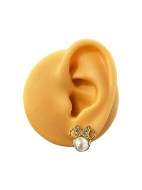 Minnie Mouse Earrings Gold Tone Faux Pearl Center Rhinestone Bow NWOT